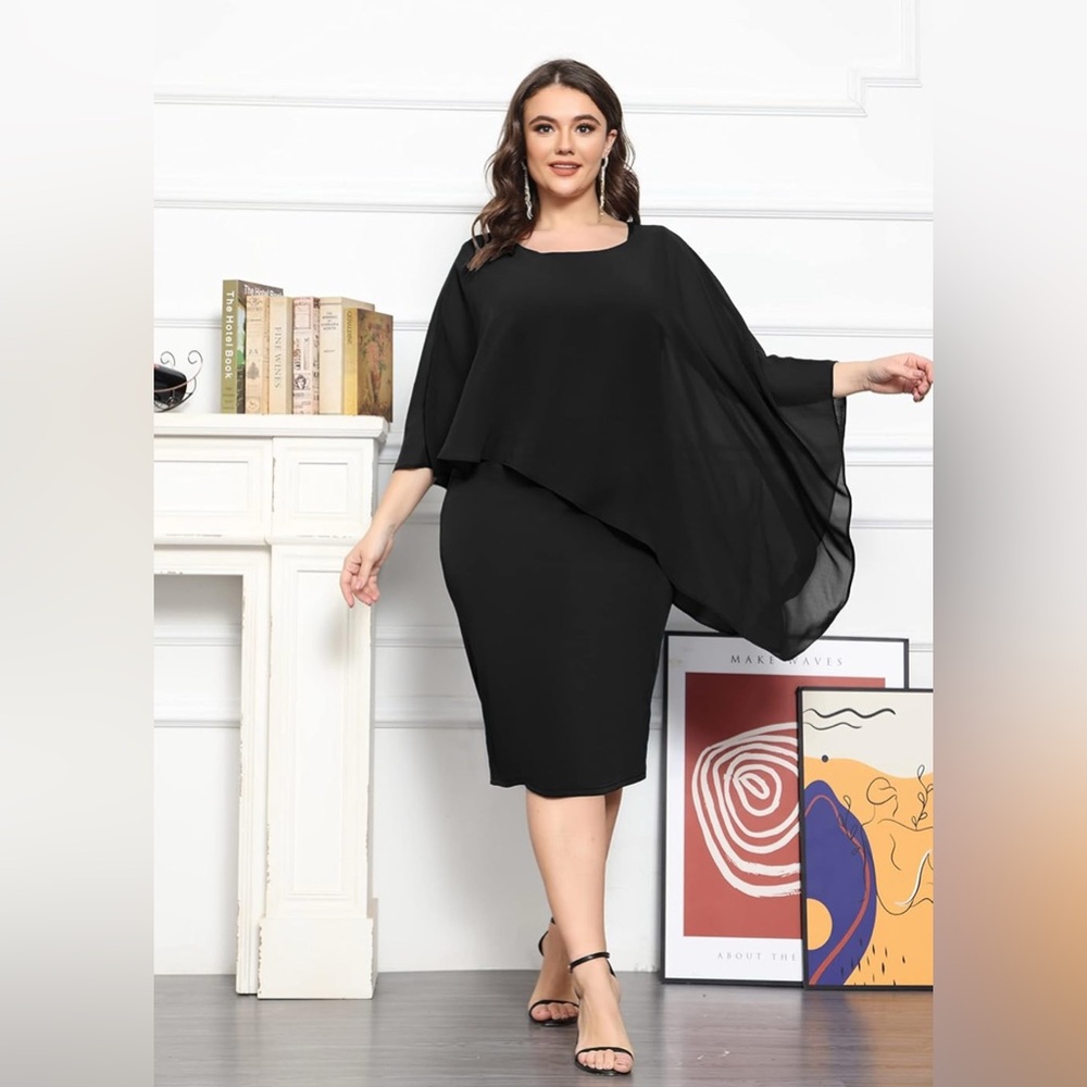 KIMCURVY Plus Size Cape Dress Pencil Dress with Chiffon Overlay Party Midi Dress